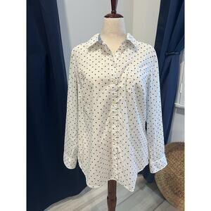 ST JOHNS BAY Shirt Womens XL White/Blue Polka Dot Reverse Cuff Button Up Cotton